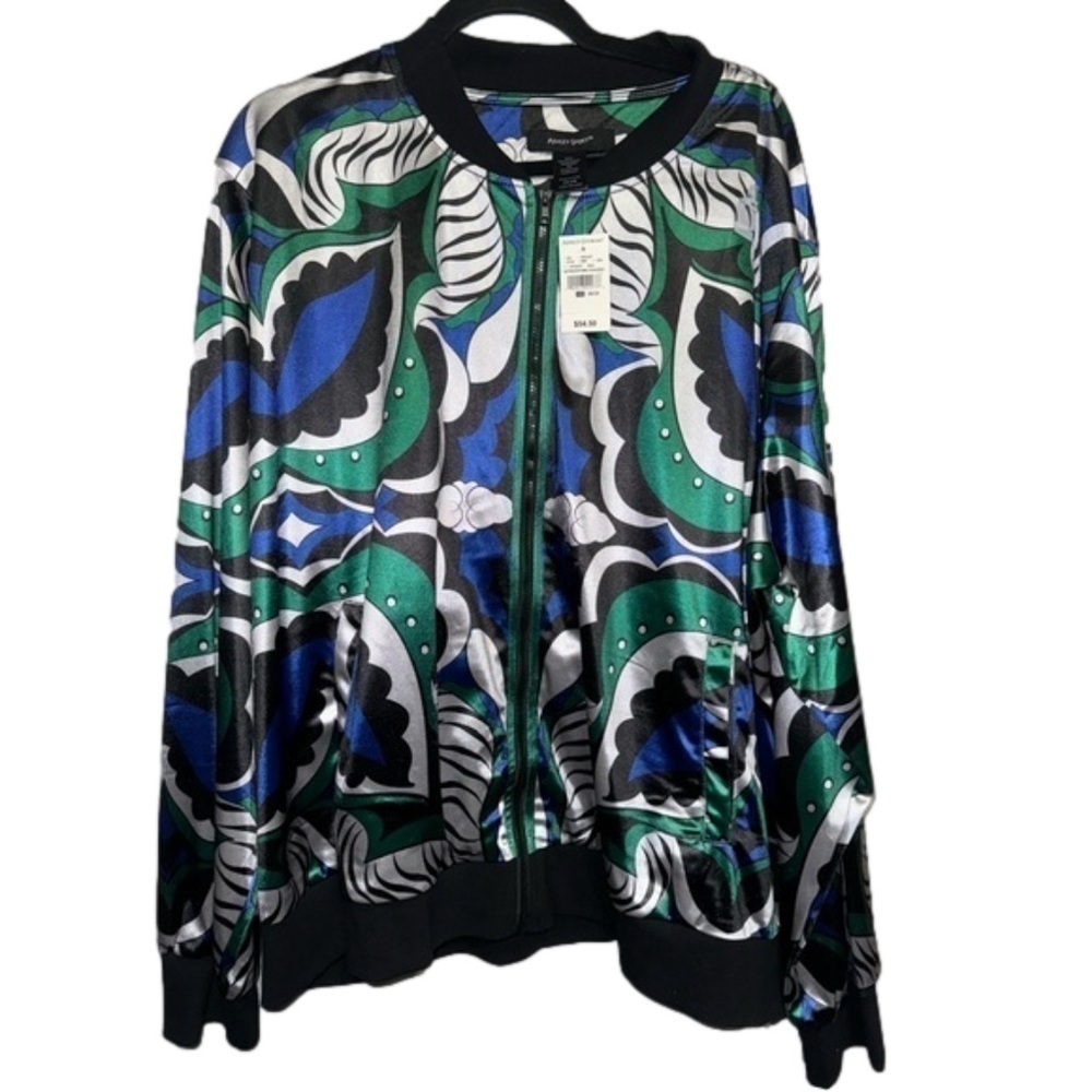 Ashley Stewart, Ashley Sport Satin Geo Print Jacket, Pockets, size 26/28